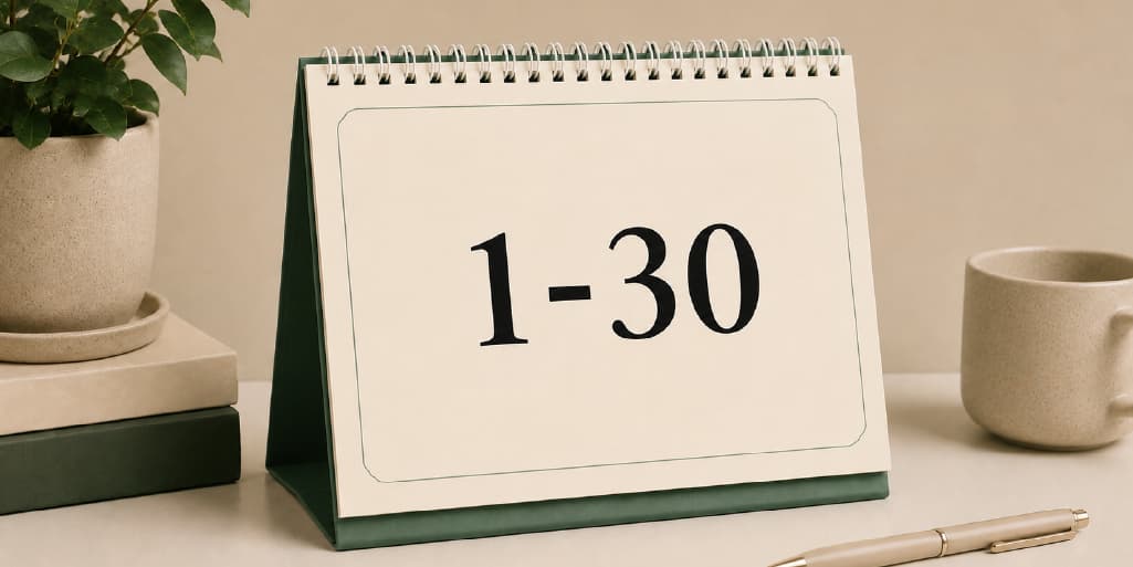 Desk calendar reading "1-30" beside a potted plant, books and mug, marking days 1 to 30 of the 90-day dating plan