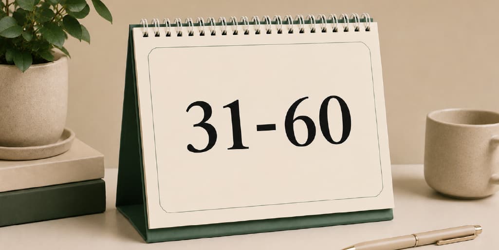 Desk calendar reading "31-60" beside a potted plant, books and mug, marking days 31 to 60 of the dating plan