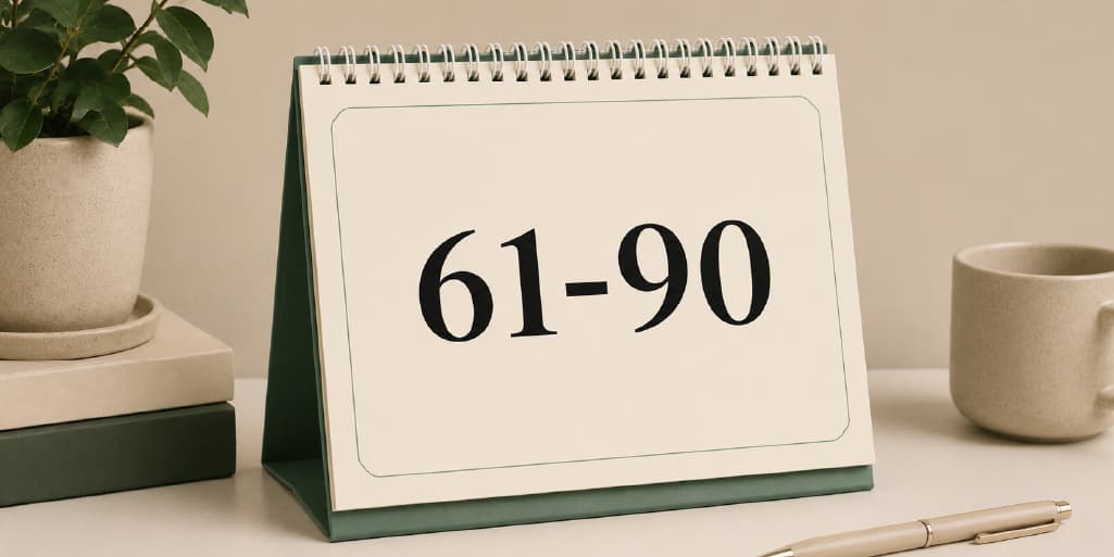 Desk calendar reading "61-90" beside a potted plant, books and mug, marking days 61 to 90 of the dating plan