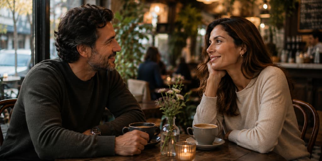 Smiling couple in their 40s on a coffee date at a cozy café, enjoying conversation over coffee while dating after 40