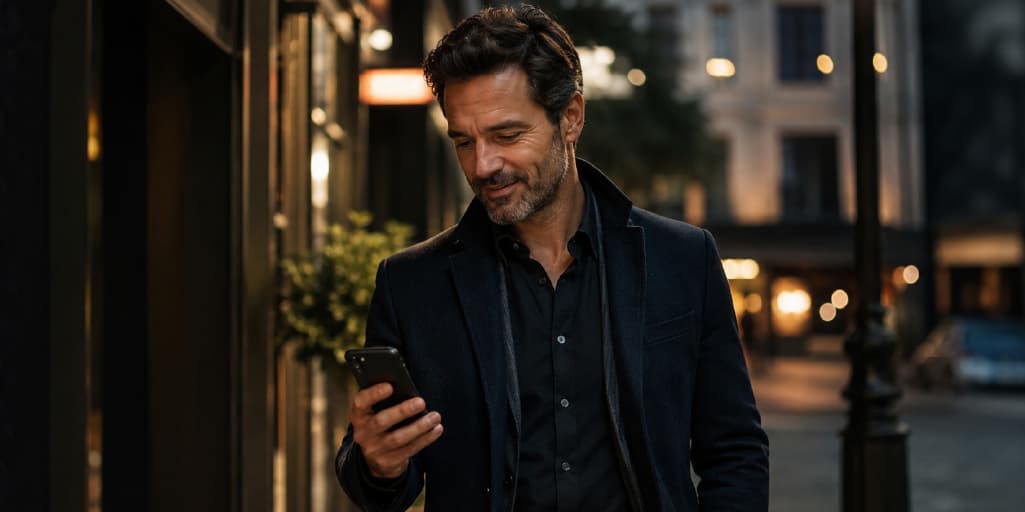Confident middle-aged man in a dark blazer checking his smartphone on a city street, illustrating dating advice for men in their 30s, 40s, and 50s.
