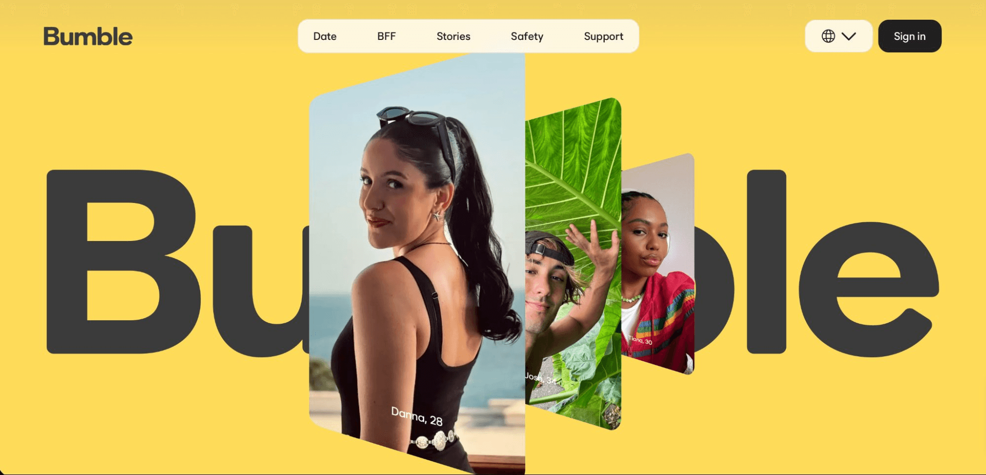 Bumble homepage in bright yellow showing swipeable dating profiles like "Danna, 28" over the large Bumble logo