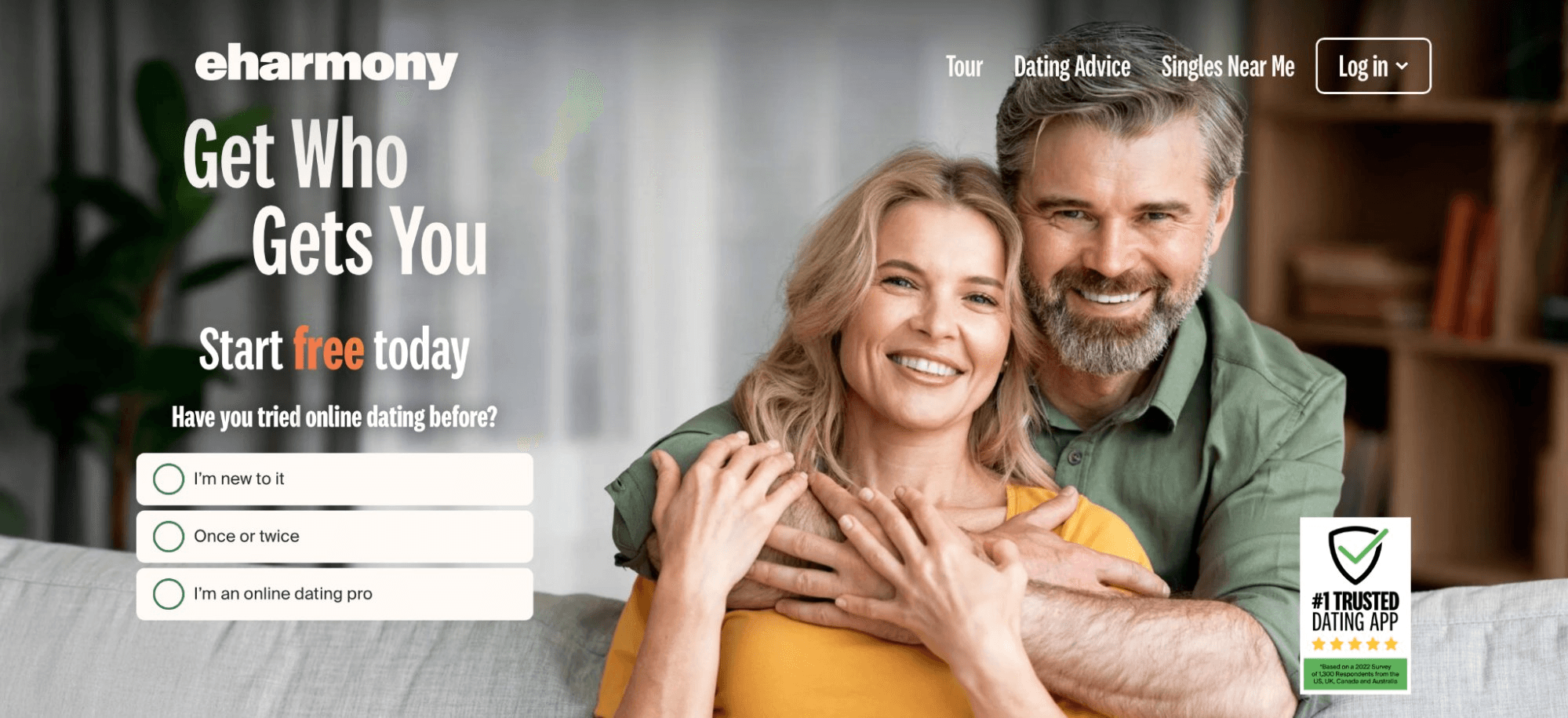 eHarmony homepage with a happy couple, the "Get Who Gets You" tagline and a "start free today" sign-up prompt