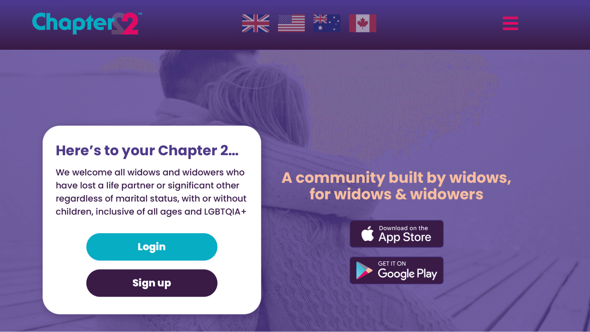 Homepage for the Chapter 2 dating app, showing a couple embracing in the background. A white card reads 'Here's to your Chapter 2…' and notes the app welcomes all widows and widowers regardless of marital status, with or without children, all ages, and LGBTQIA+. It has Login and Sign up buttons, App Store and Google Play badges, and the tagline 'A community built by widows, for widows & widowers