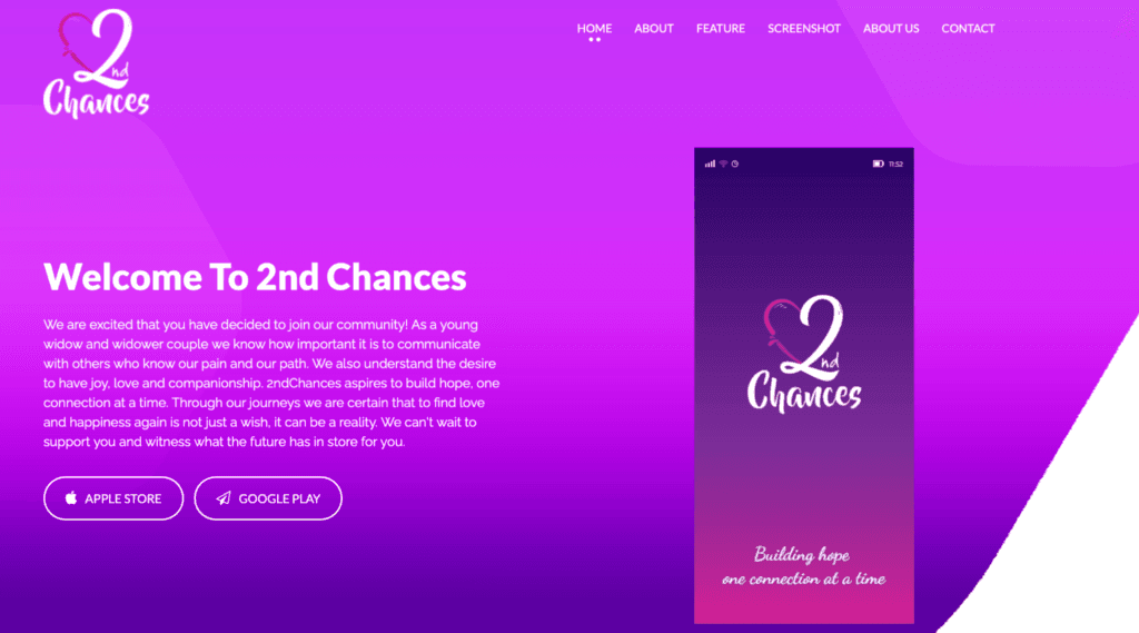 Homepage for the 2nd Chances dating app, with a purple gradient background, a heart-and-'2nd Chances' logo, a welcome message from a young widowed couple, Apple Store and Google Play buttons, and a phone mockup reading 'Building hope one connection at a time.