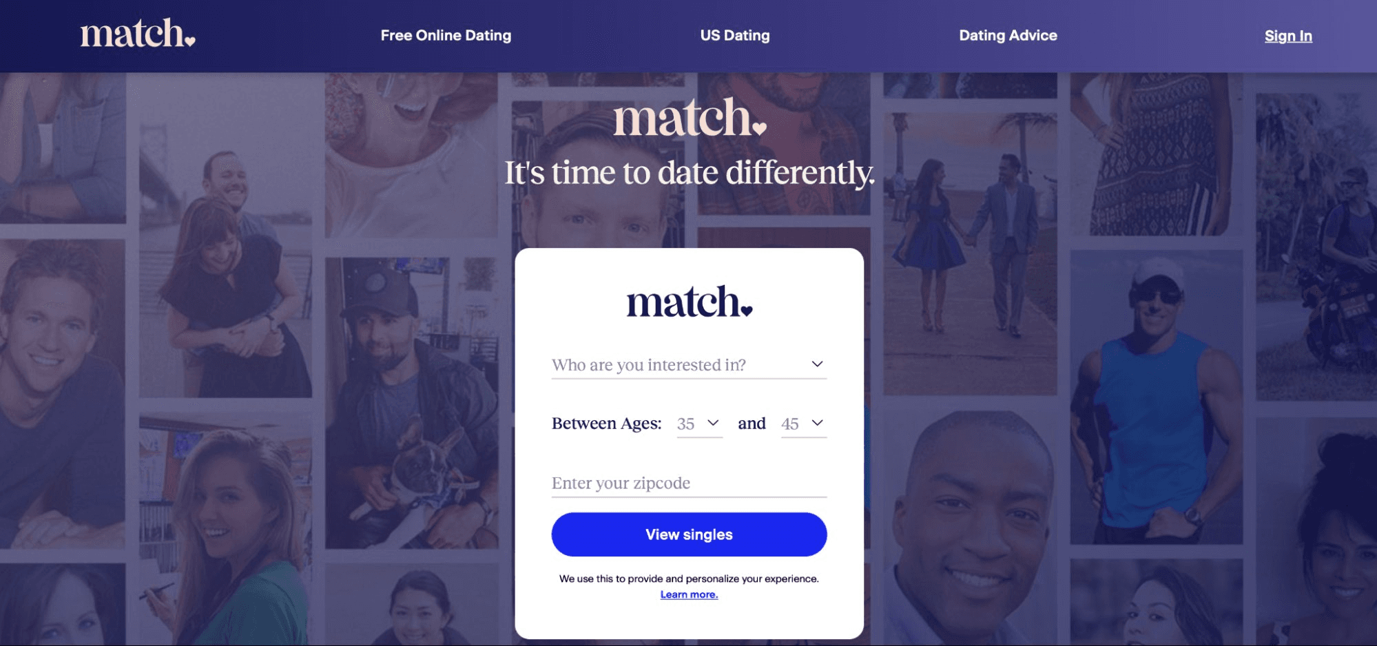 Match homepage reading "It's time to date differently" with a sign-up form and a collage of smiling singles