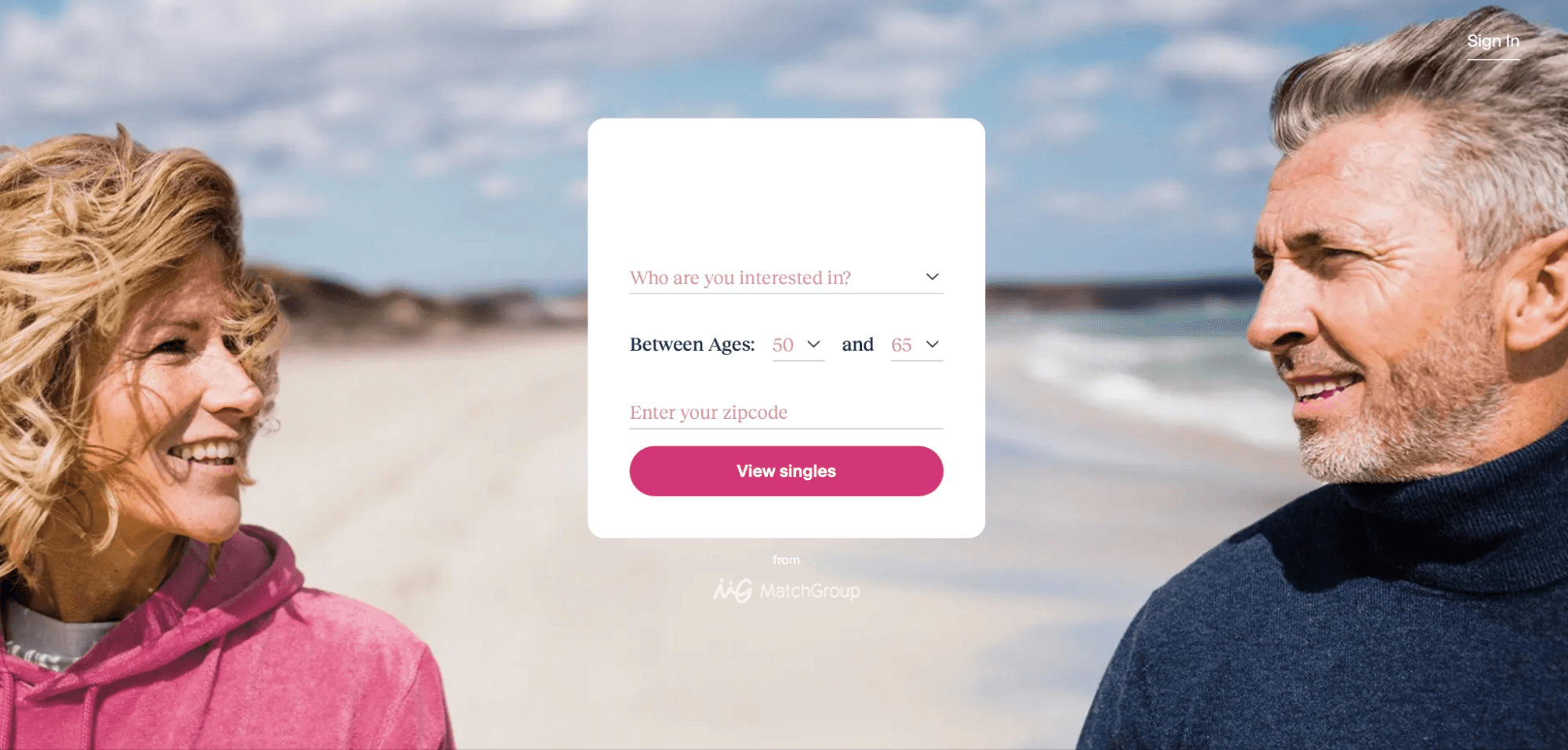 OurTime homepage with an older couple on a beach and a sign-up form set to ages 50 to 65
