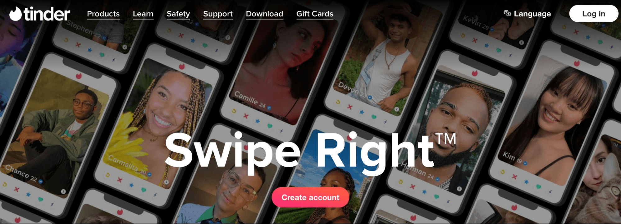 Tinder homepage featuring the "Swipe Right" tagline over a grid of young dating profiles on phone screens