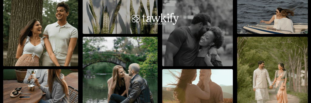 How Tawkify keeps online dating safe for you. A collection of photographs of happy couples on dates in parks, at cafes, and on day trips.