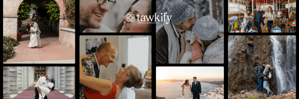 How Tawkify keeps online dating safe. Photographs of happy couples getting married and going on fun dates at amusement parks and in the outdoors.