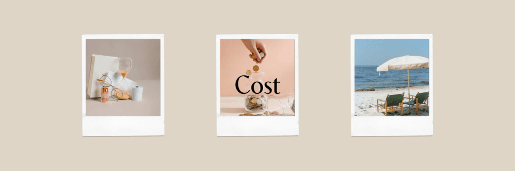 How much does Ambiance cost? Three Polaroid photos of a piggy bank, lounge chairs on the beach, and budgeting tools.