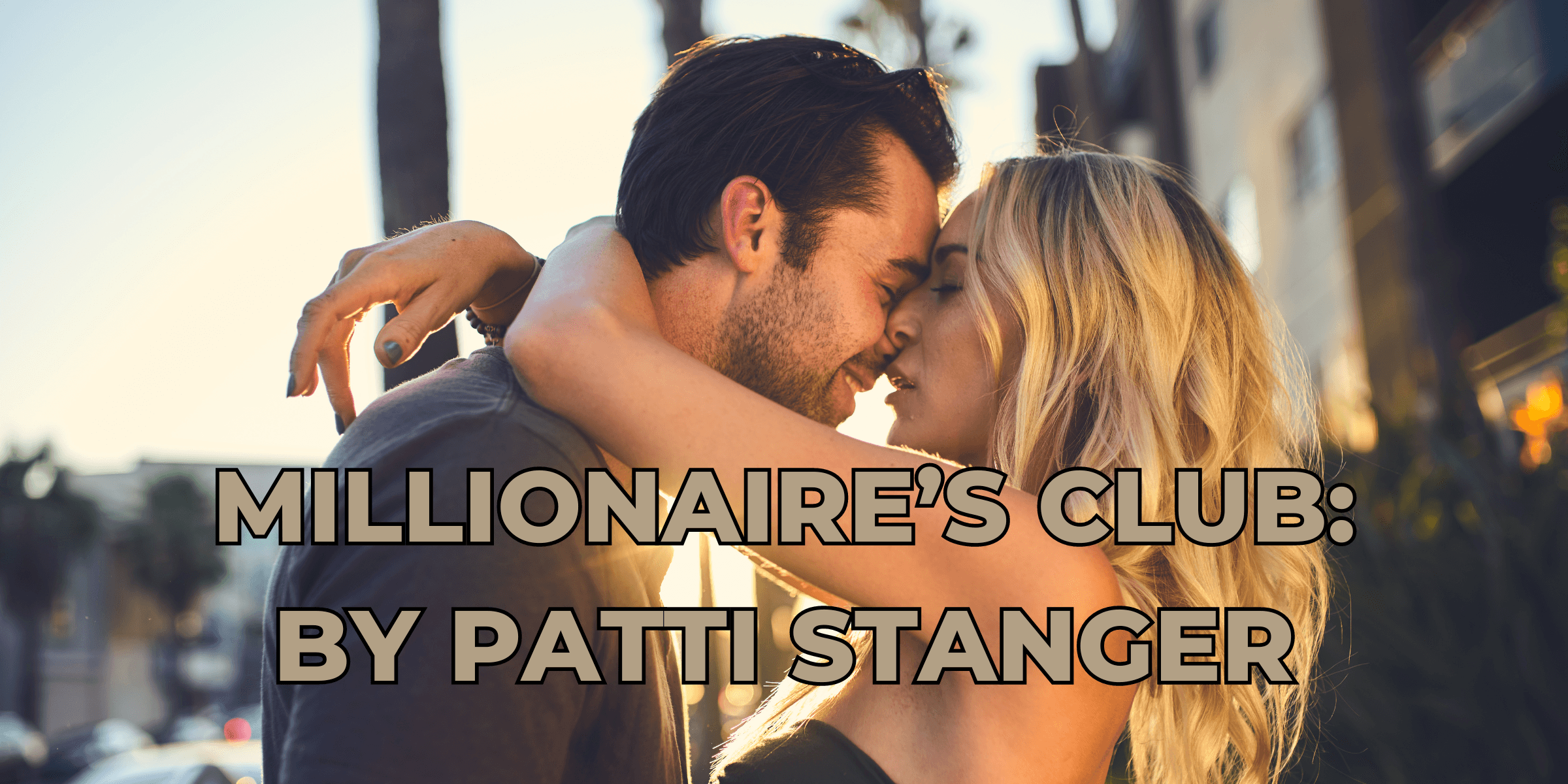 Blonde woman in a little black dress kisses a well-dressed man representing Millionaire's Club matchmaking service by Patti Stanger.