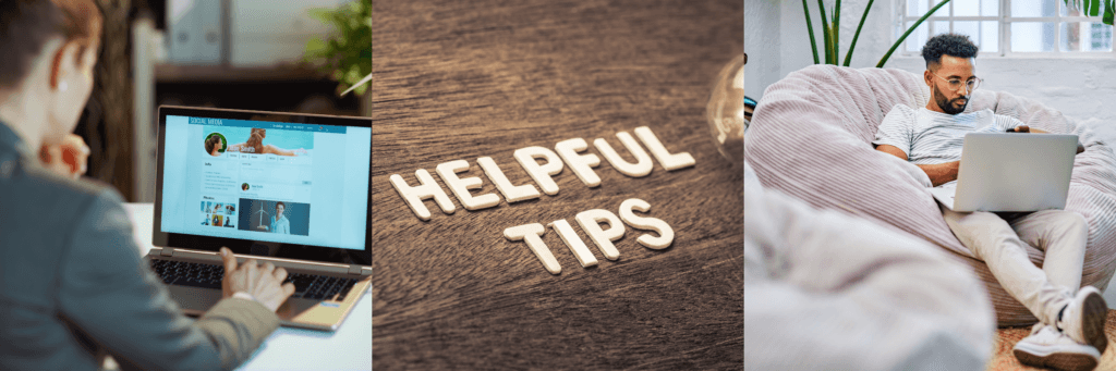 Tips for staying safe on Hinge. Photographs show a woman looking at dating profiles on her laptop and a bearded man checking his messages on his mobile device and laptop.