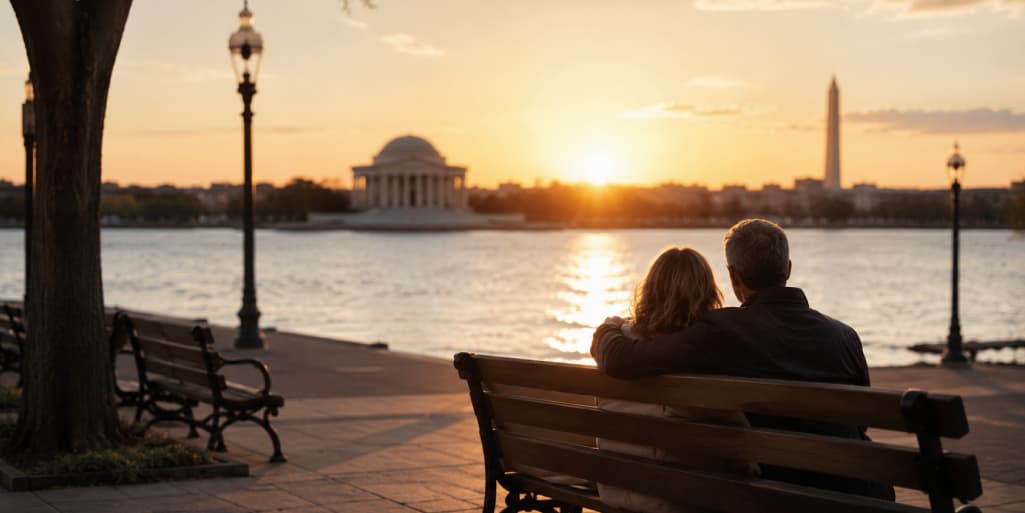 Mature couple sitting together on a waterfront bench at sunset, overlooking the Jefferson Memorial and Washington Monument in Washington, DC.