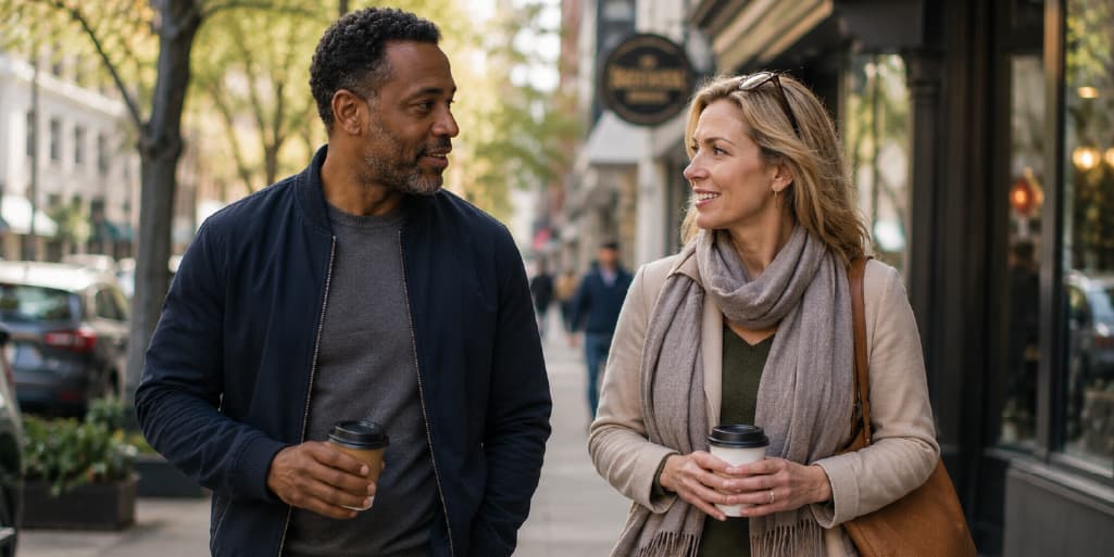 Couple walking and talking on a tree-lined city street with coffees, taking things slow while dating during a divorce