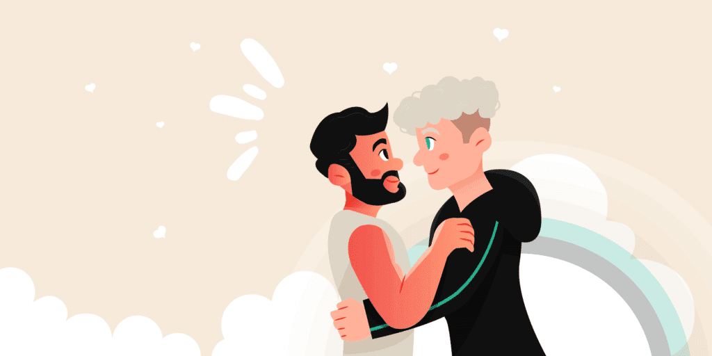 An illustration of a happy couple embracing to introduce the dating topic of how and when to define the relationship (DTR).