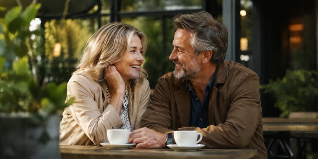 Mature couple smiling at each other over coffee on a café patio, representing widows and widowers finding companionship and love again after loss.