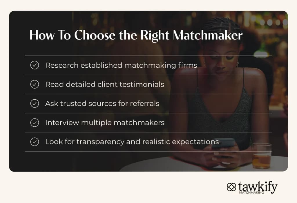 Infographic showing a checklist of how to choose the right matchmaker.