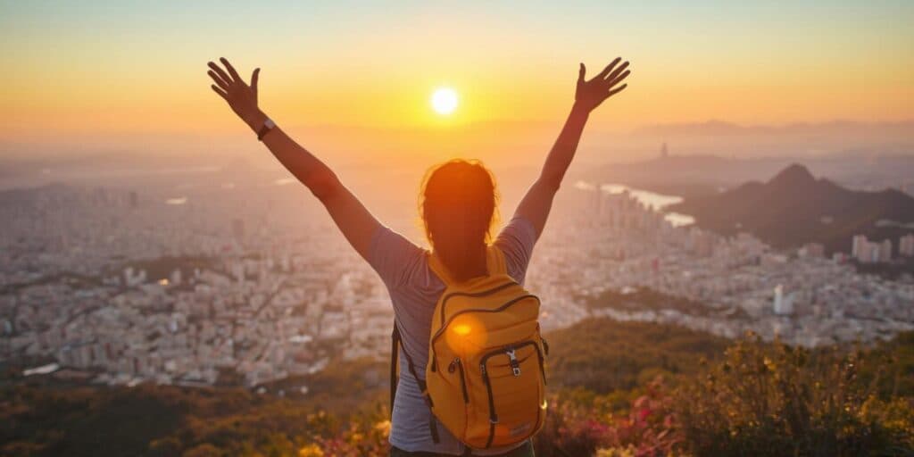 A woman celebrates with arms raised in the air as she summits a trail overlooking the city at sunset.