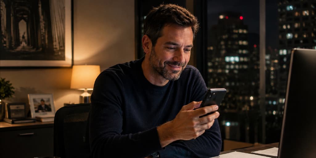 Smiling man checking his phone at a desk in a dim home office at night, browsing a dating app
