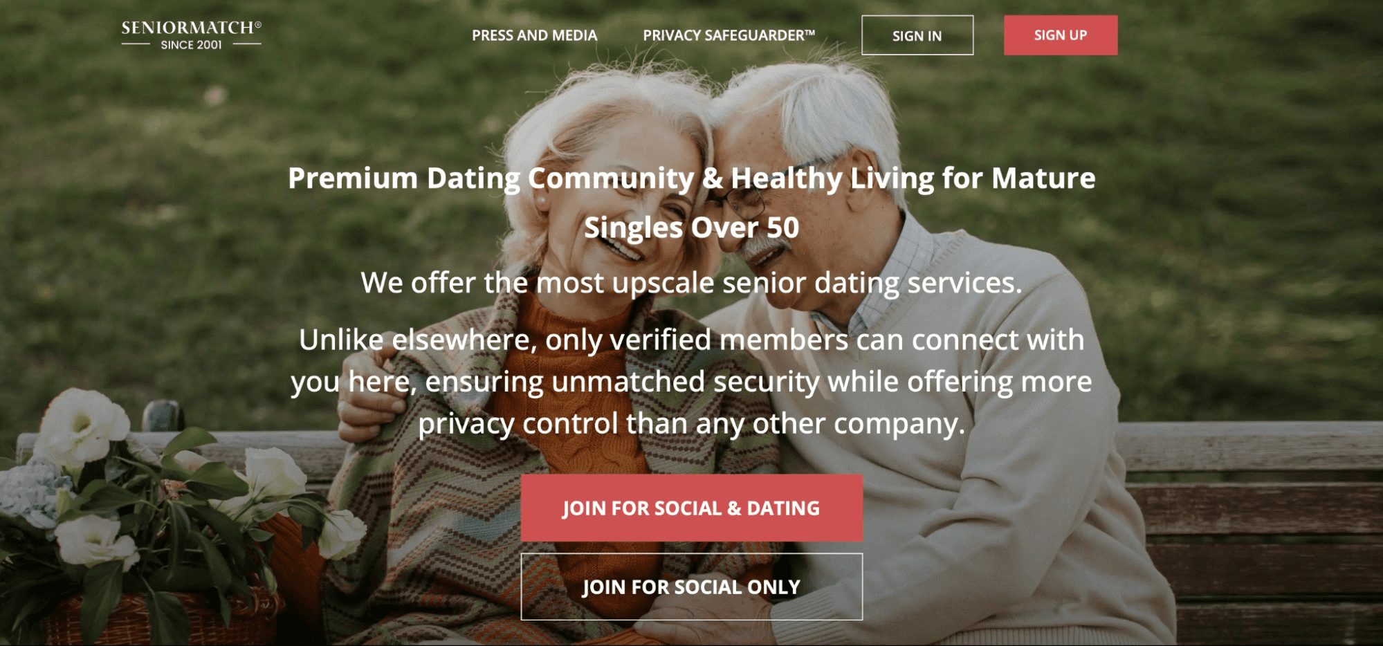 SeniorMatch homepage with an affectionate older couple on a bench, promoting a premium dating community for mature singles over 50