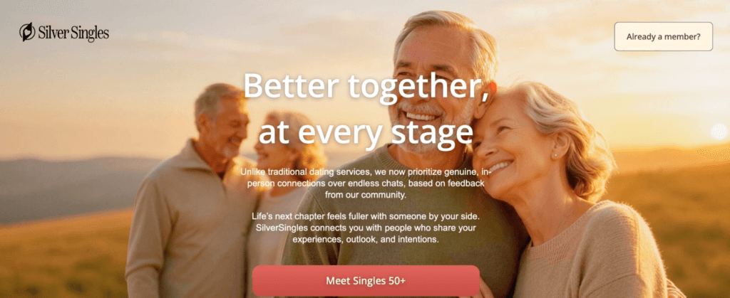 SilverSingles homepage with a smiling older couple at sunset and a "Meet Singles 50+" button for serious 50-plus dating